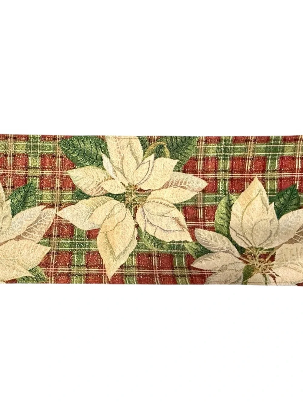 Holiday Poinsettia Plaid Tapestry Table Runner Gold Thread 13x68